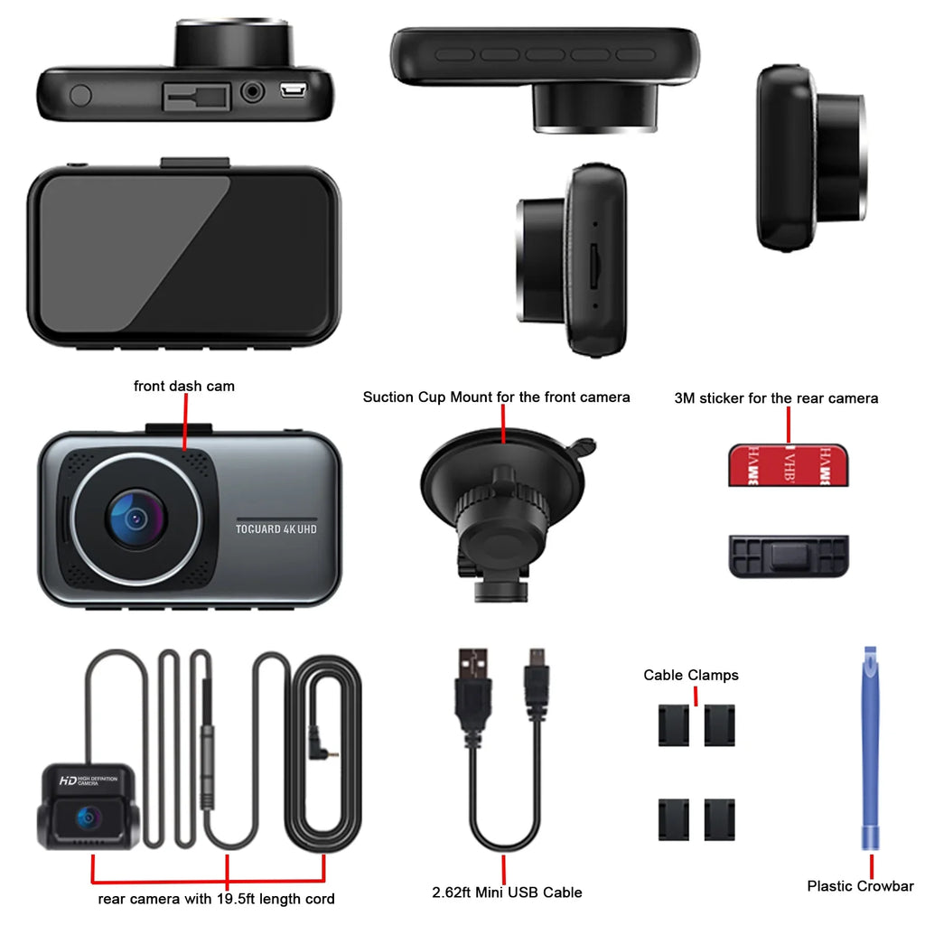 Toguard 4K Dash Cam Front and Rear Dual Dash Camera Centimeter LCD WDR Car Camera with Parking Monitor, Loop Recording, G-Sensor Function, Motion Detection, Built-in Battery